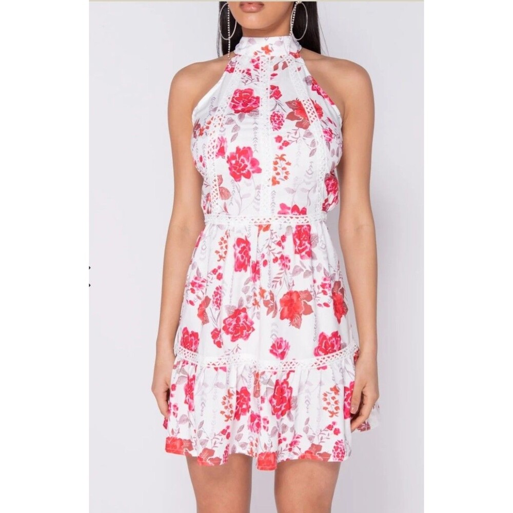 Floral Print Lace Trim Frill Detail Backless Dress Women's Size 6 Sexy Sundress